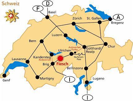 Übersichtskarte der Schweiz mit Anfahrt nach Fiesch über Brig, den Autoverlad Lötschberg (Kandersteg) oder den Autoverlad Furka